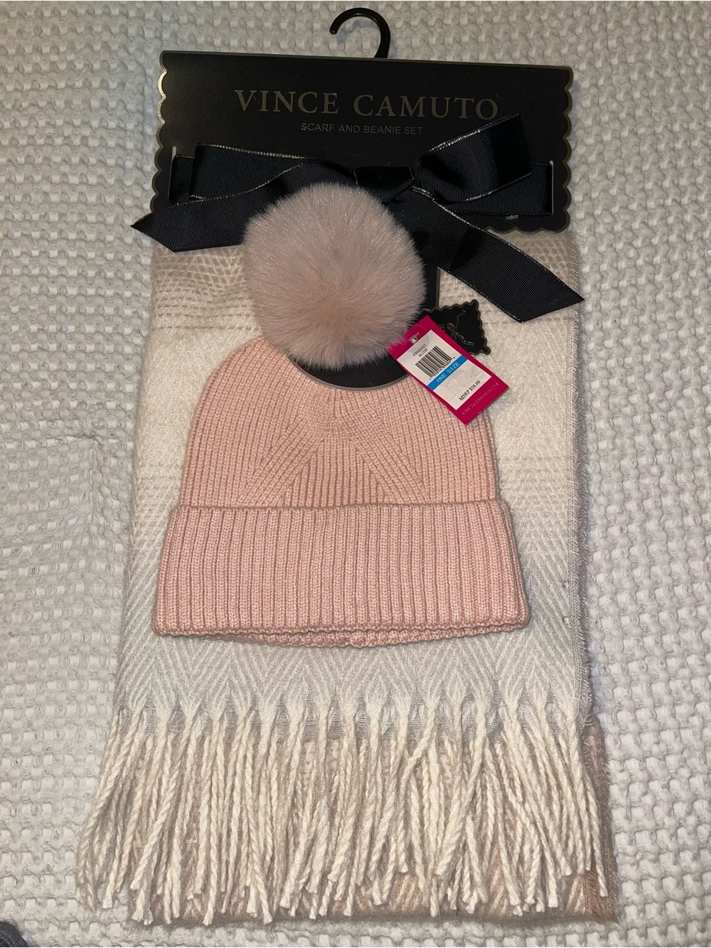 Vince Camuto Blush Pink Beanie with Cream Fringe Scarf Set